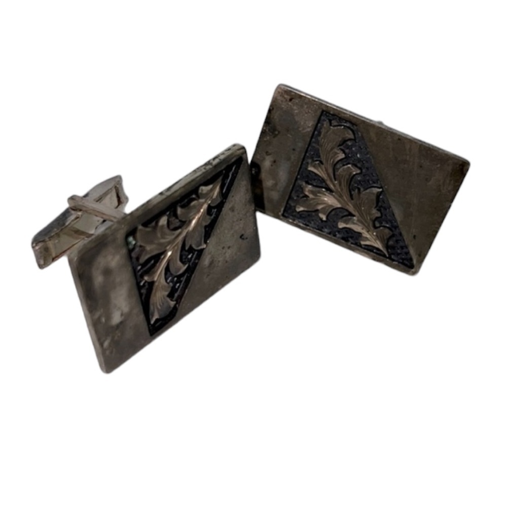 VINTAGE CUFF LINKS STAMPED “STERLING” SILVER WESTERN FOLIAGE DESIGN
